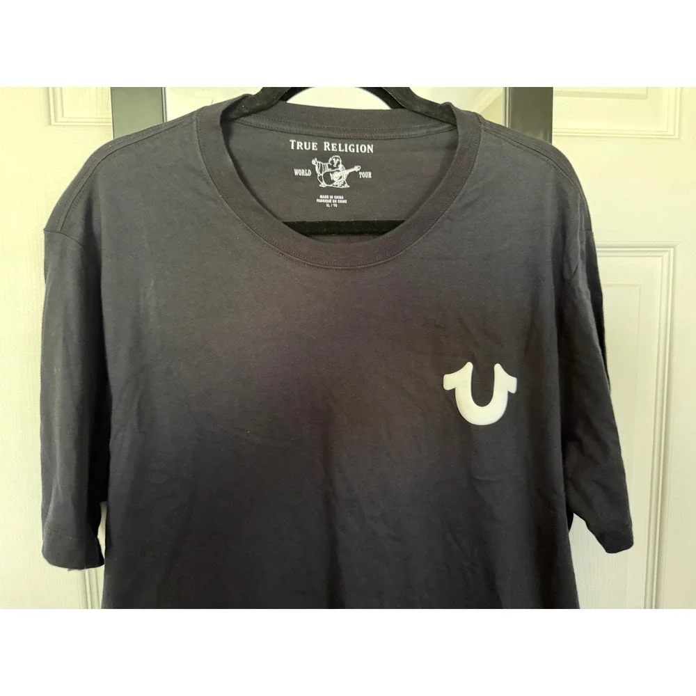 True Religion Mens World Tour Horseshoe Logo Black Short Sleeve T-Shirt XL